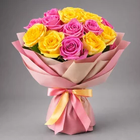 Карибский закат - букет из желтых и розовых роз